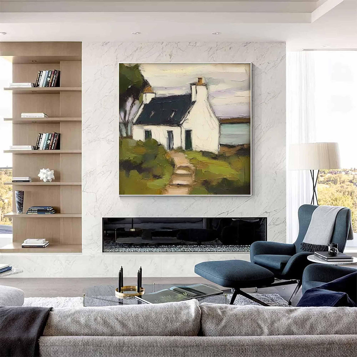 May include: A square canvas painting depicting a white cottage with a dark roof, situated in a landscape with green foliage and a path leading to the entrance. The artwork features visible brushstrokes and a muted color palette of white, dark blue, and green.