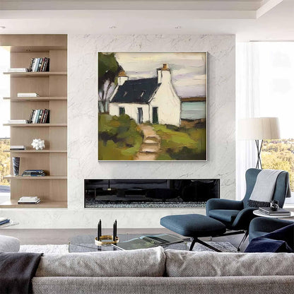 May include: A square canvas painting depicting a white cottage with a dark roof, situated in a landscape with green foliage and a path leading to the entrance. The artwork features visible brushstrokes and a muted color palette of white, dark blue, and green.