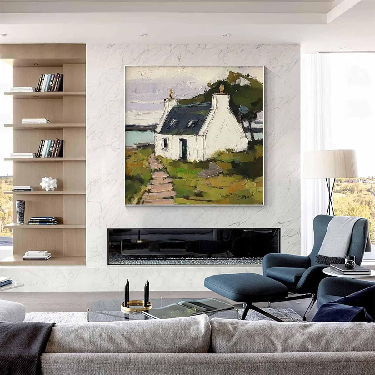 May include: A square canvas painting depicting a white cottage with a dark roof situated on a grassy landscape with a stone path leading to the entrance. The artwork features visible brushstrokes in shades of green, brown, white, and dark blue.
