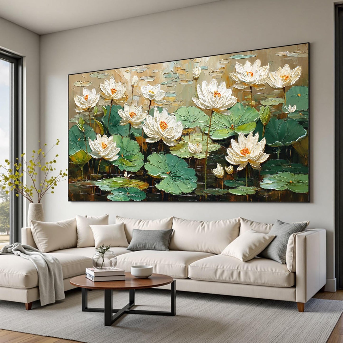 Textured White Lotus Flower Painting, 3D Floral Canvas Wall Art, Pond Landscape Home Decor – Green and White Lotus Floral Wal
