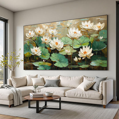 Textured White Lotus Flower Painting, 3D Floral Canvas Wall Art, Pond Landscape Home Decor – Green and White Lotus Floral Wal