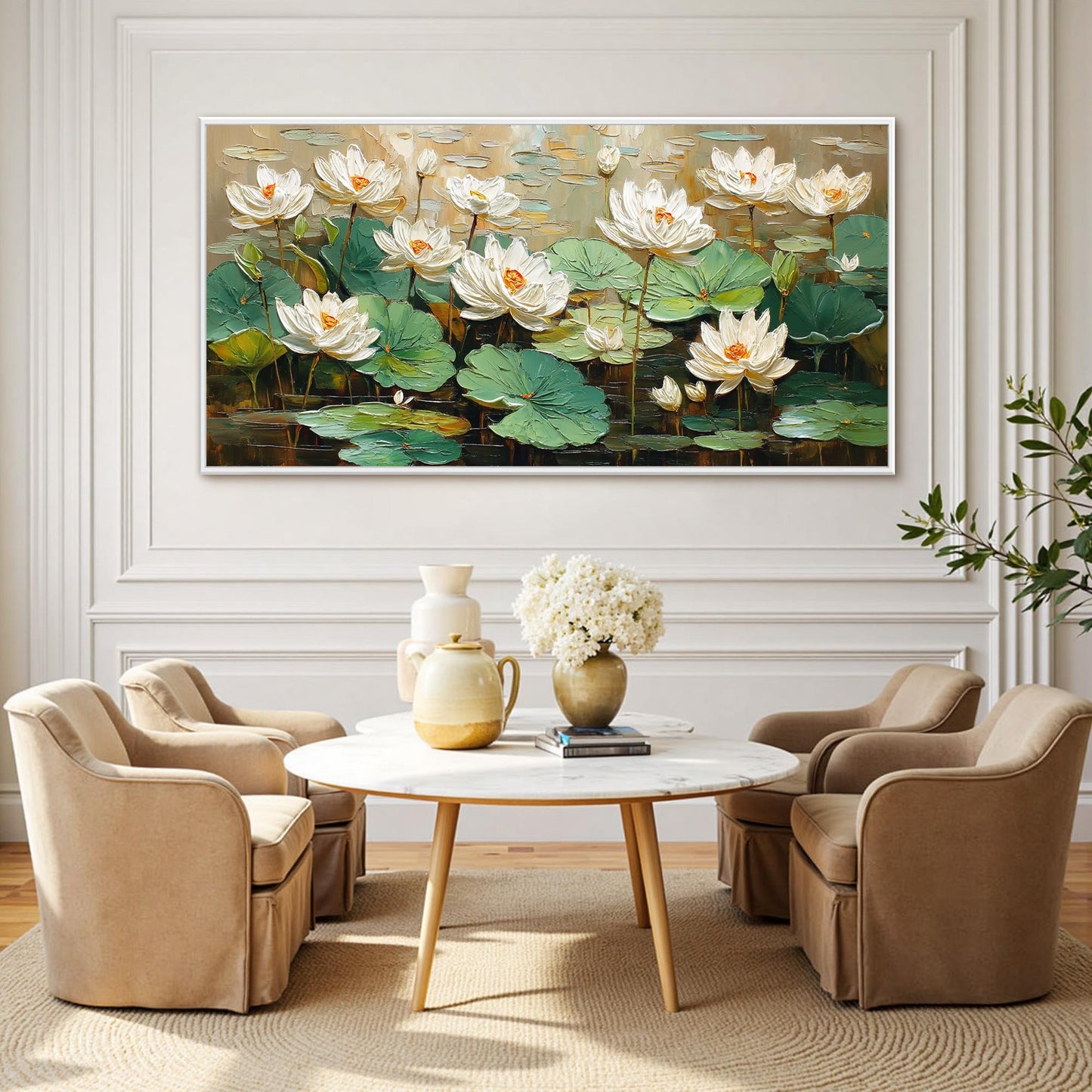 Green and White Textured Lotus Floral Wall Art – Textured White Lotus Flower Painting