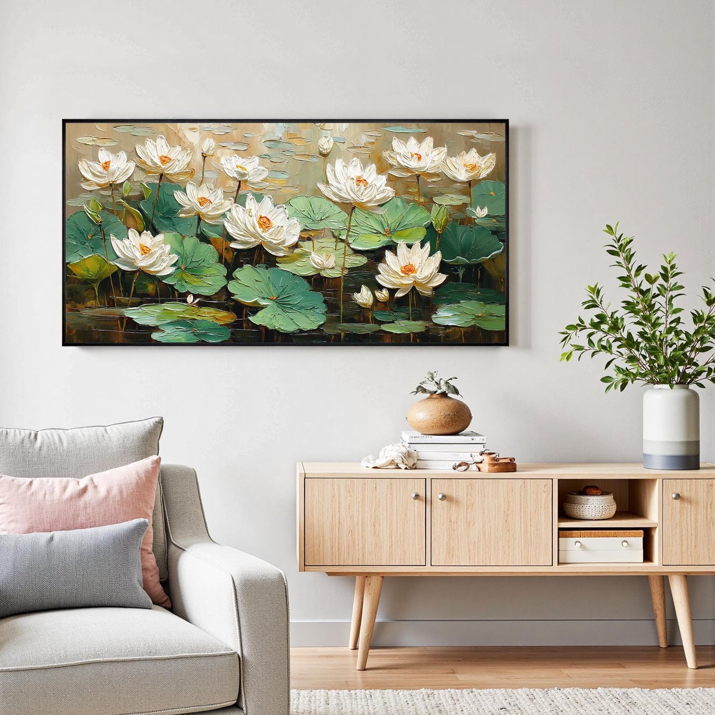 Green and White Textured Lotus Floral Wall Art – Textured White Lotus Flower Painting