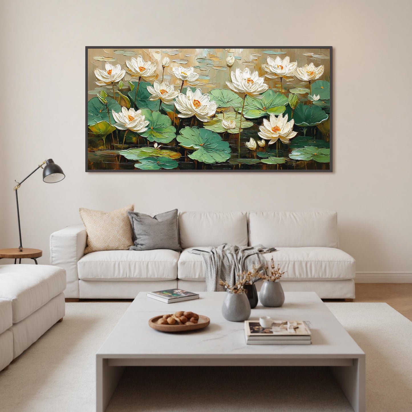 Textured White Lotus Flower Painting, 3D Floral Canvas Wall Art, Pond Landscape Home Decor – Green and White Lotus Floral Wal