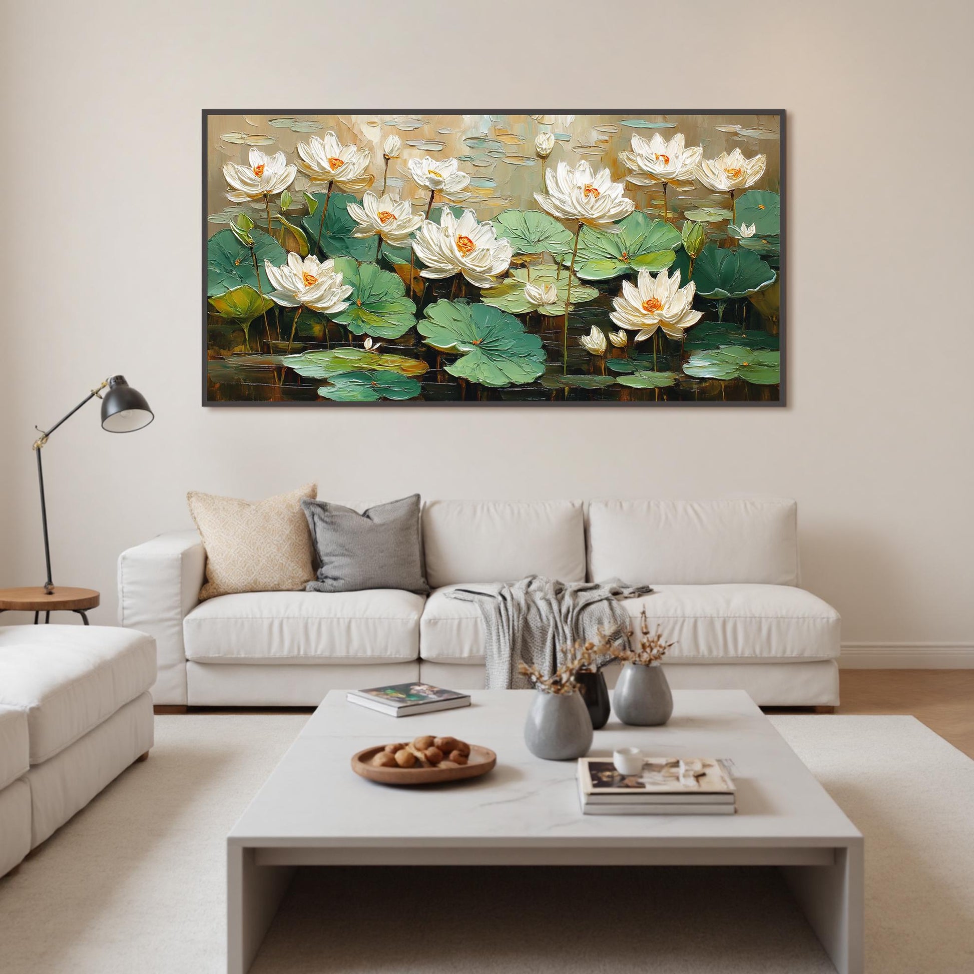 Textured White Lotus Flower Painting, 3D Floral Canvas Wall Art, Pond Landscape Home Decor – Green and White Lotus Floral Wal