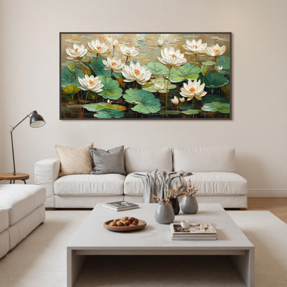 Textured White Lotus Flower Painting, 3D Floral Canvas Wall Art, Pond Landscape Home Decor – Green and White Lotus Floral Wal