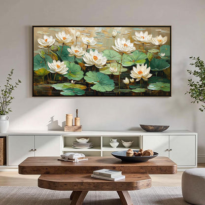 Textured White Lotus Flower Painting, 3D Floral Canvas Wall Art, Pond Landscape Home Decor – Green and White Lotus Floral Wal