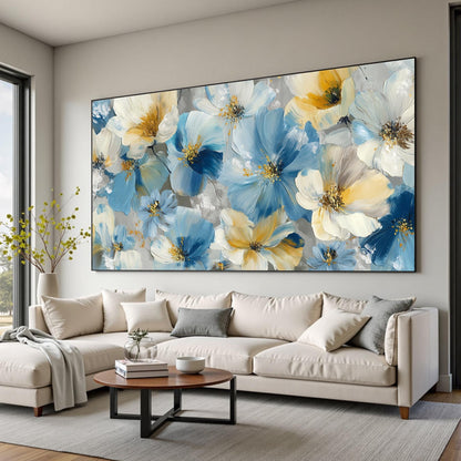 Blue and Yellow Abstract Floral Wall Art – Hand Painted
