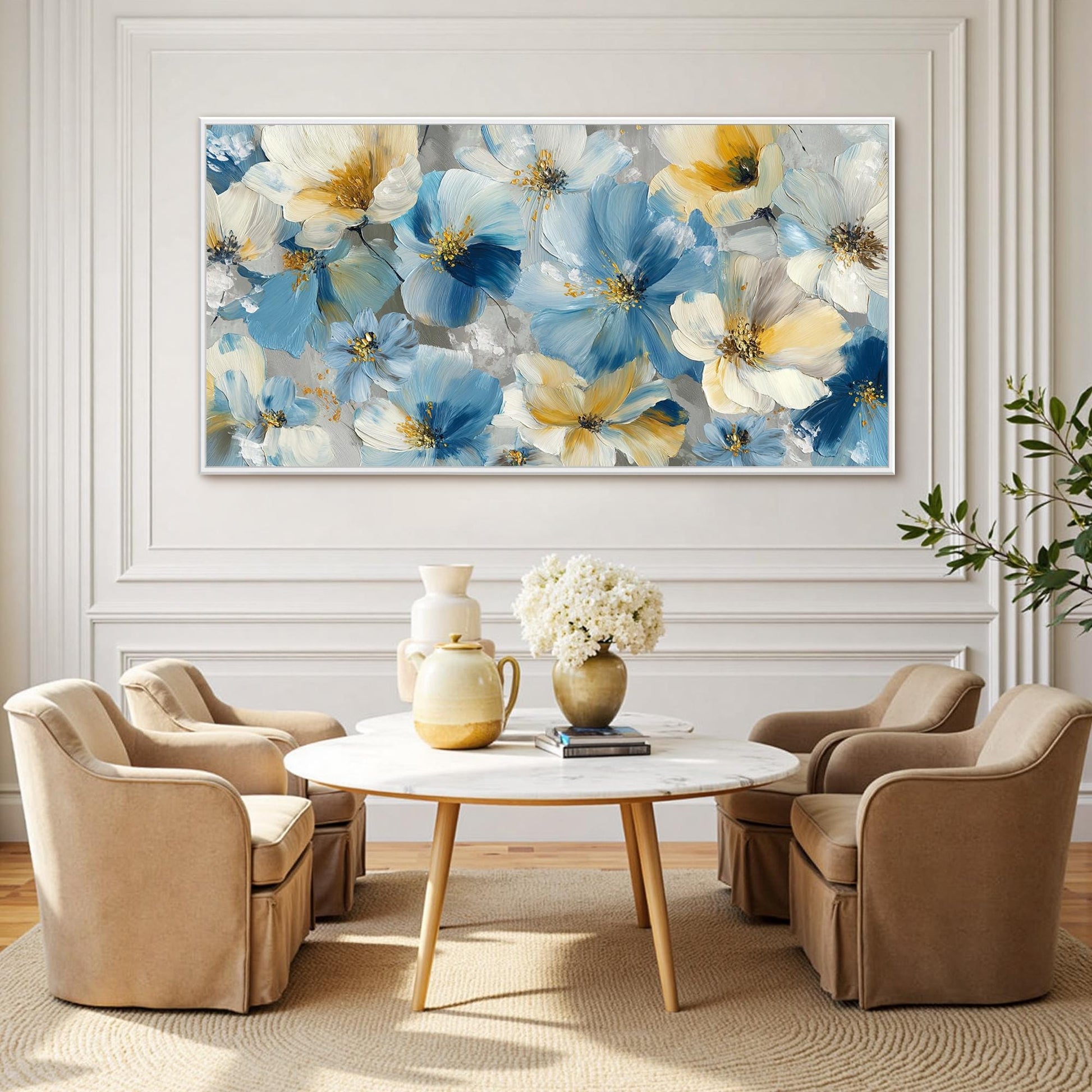 Hand Painted – Blue and Yellow Floral Wall Art | Abstract Hand-Painted Painting, view 2