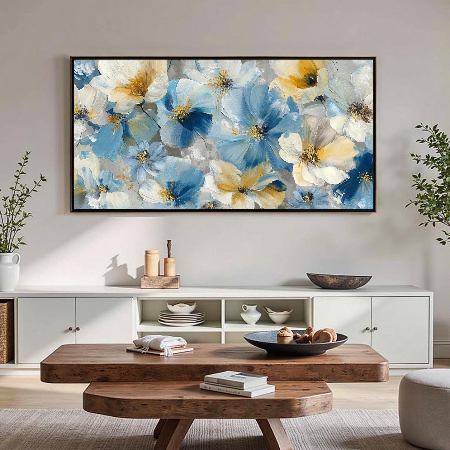 Hand Painted – Blue and Yellow Floral Wall Art | Abstract Hand-Painted Painting, view 1