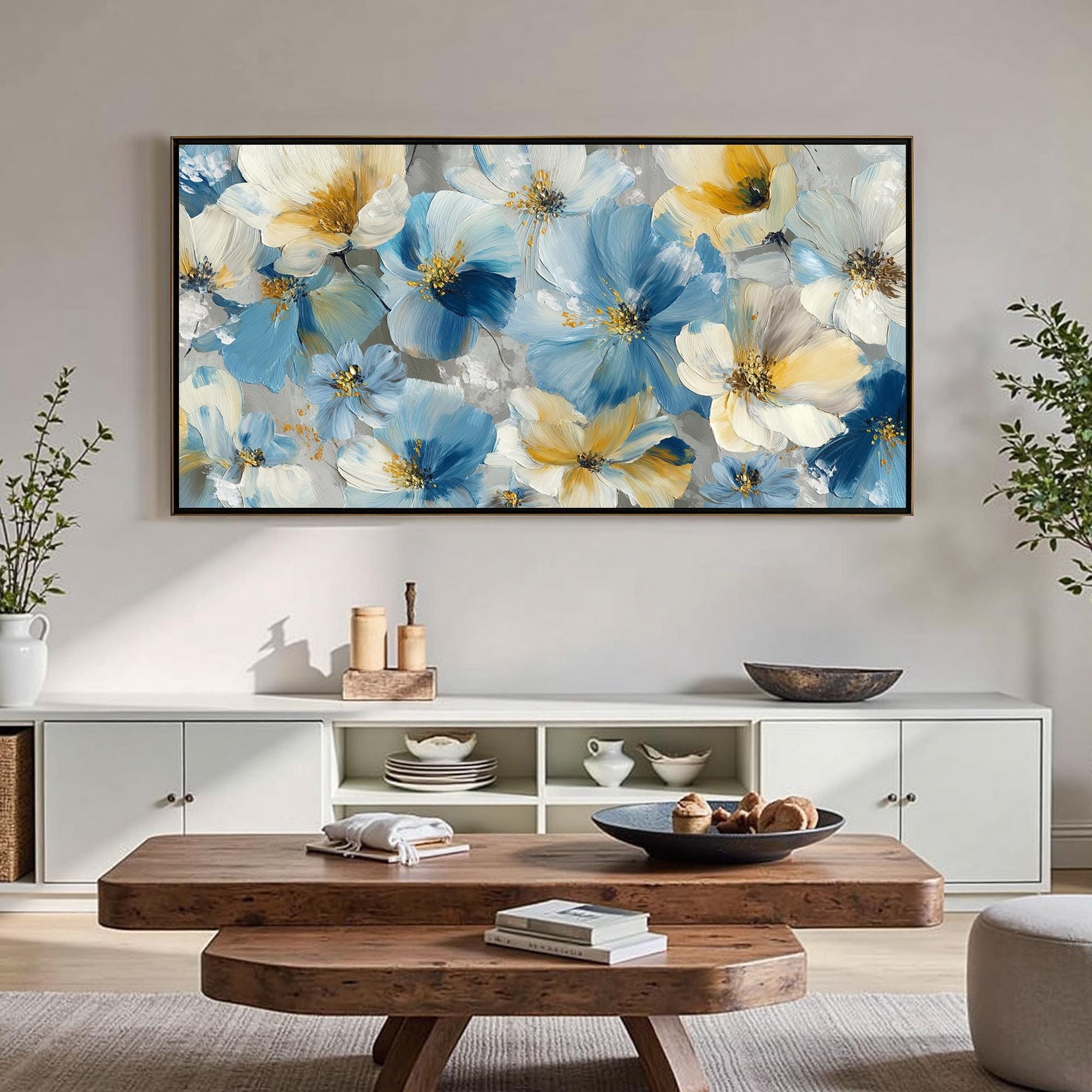 Hand Painted – Blue and Yellow Floral Wall Art | Abstract Hand-Painted Painting, view 1