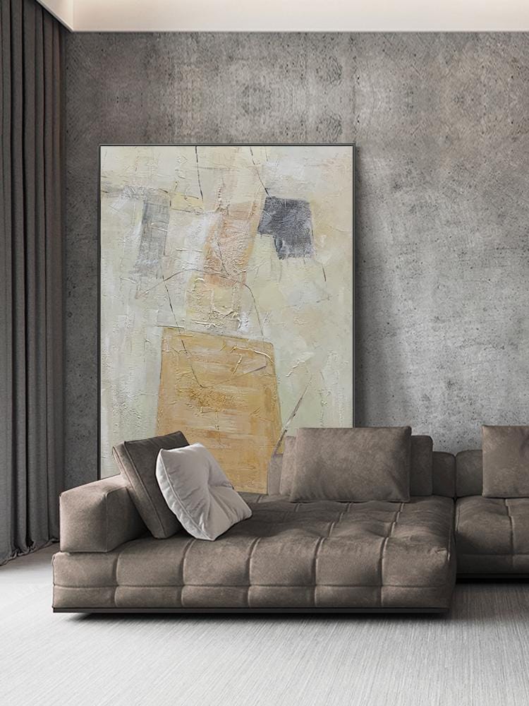 Beige and Yellow Abstract Canvas Wall Art, Original Geometric Oil Painting on Canvas, Modern Minimalist Textured Wall Art for Living Room