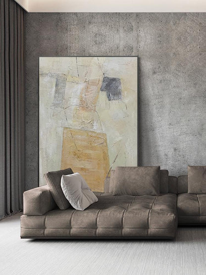 Beige and Yellow Abstract Canvas Wall Art, Original Geometric Oil Painting on Canvas, Modern Minimalist Textured Wall Art for Living Room