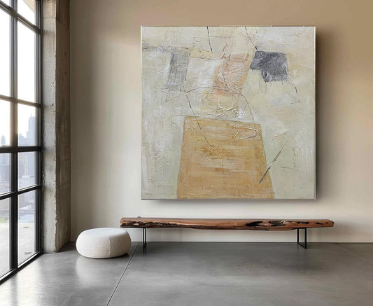 Beige and Yellow Abstract Canvas Wall Art, Original Geometric Oil Painting on Canvas, Modern Minimalist Textured Wall Art for Living Room