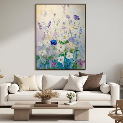 Blue and Green Impasto Floral Wall Art – Textured White Purple Blue Flowers Oil Painting