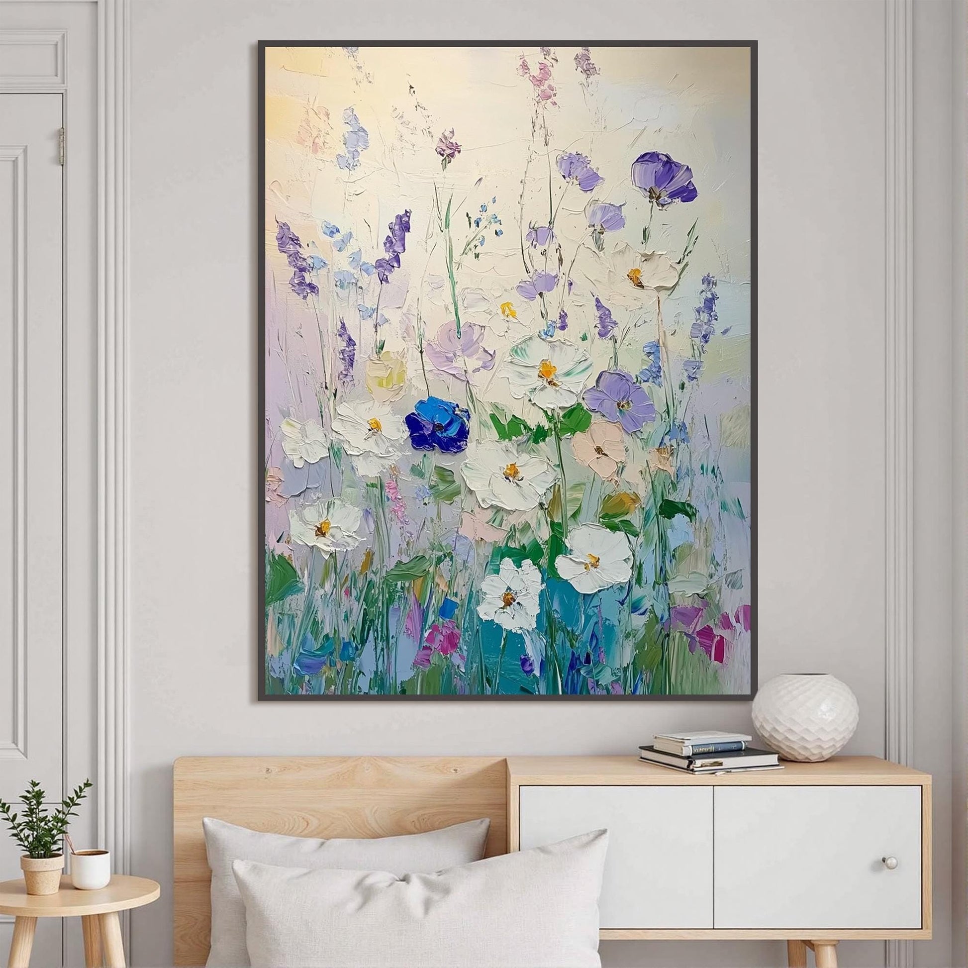 Original – Blue and Green Floral Wall Art | Impasto Hand-Painted Oil Painting, view 4