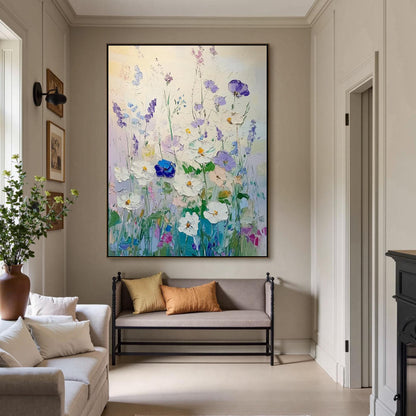 Blue and Green Impasto Floral Wall Art – Textured White Purple Blue Flowers Oil Painting