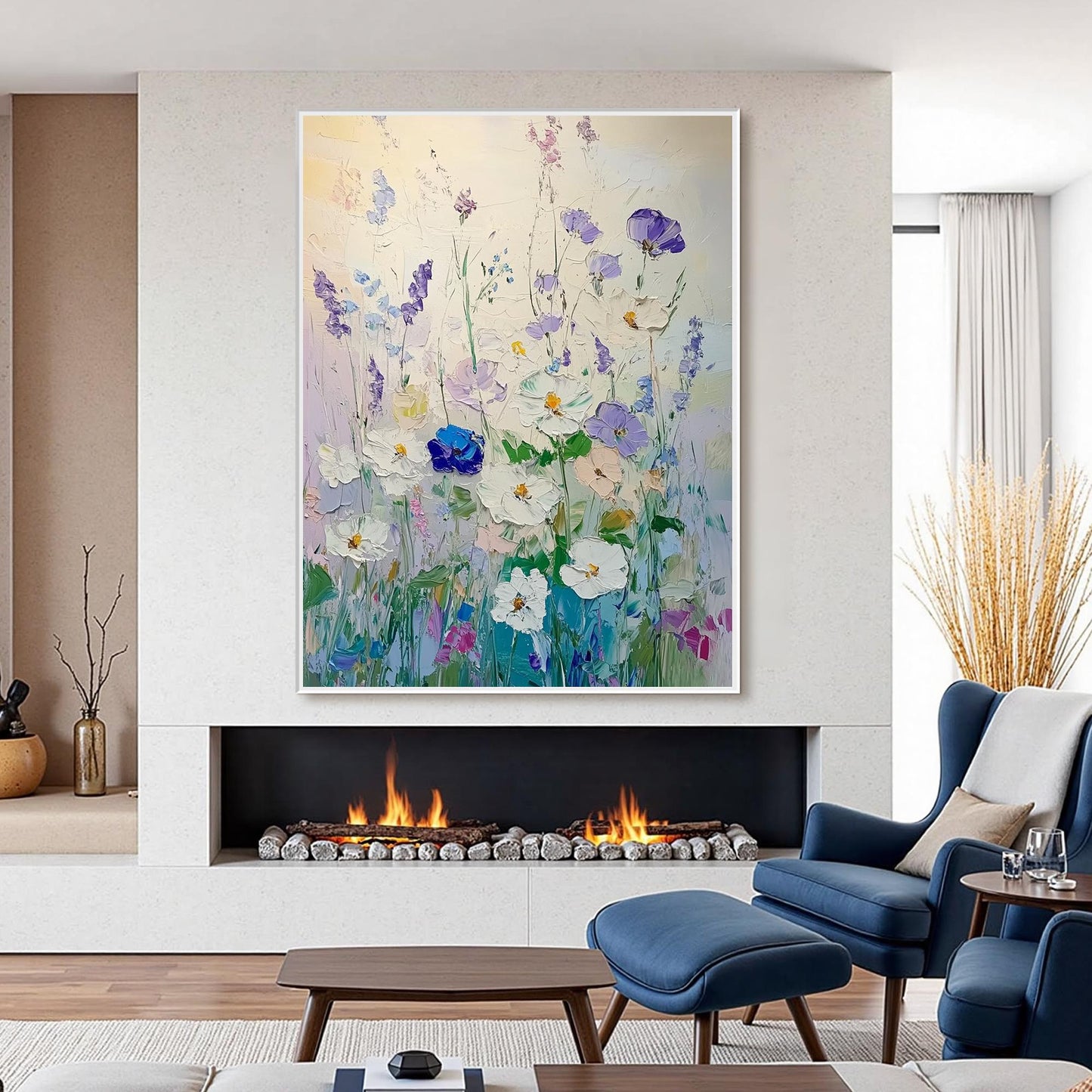 Blue and Green Impasto Floral Wall Art – Textured White Purple Blue Flowers Oil Painting