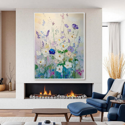 Blue and Green Impasto Floral Wall Art – Textured White Purple Blue Flowers Oil Painting