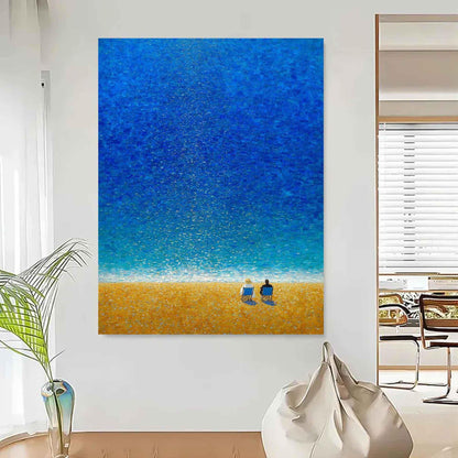 Two Figures Beach Wall Art Blue Ocean Canvas Painting for Coastal Living Room Decor