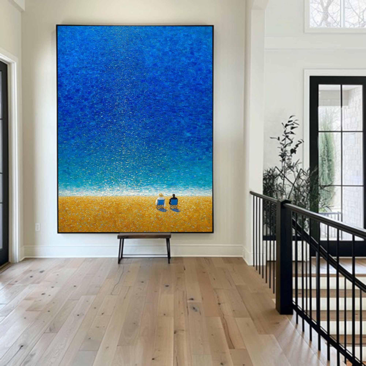 Two Figures Beach Wall Art Blue Ocean Canvas Painting for Coastal Living Room Decor