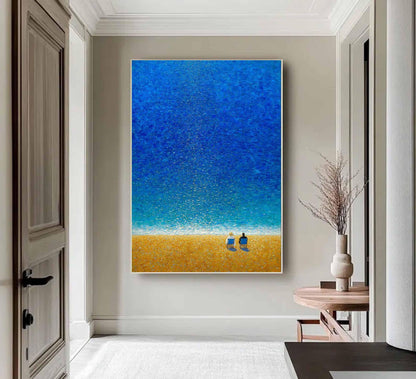 Two Figures Beach Wall Art Blue Ocean Canvas Painting for Coastal Living Room Decor