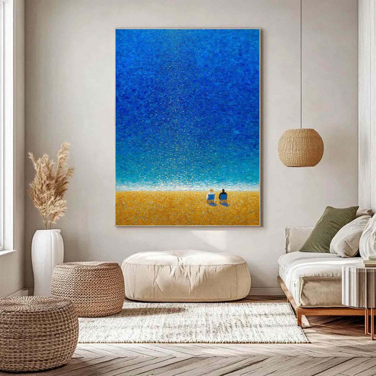 Two Figures Beach Wall Art Blue Ocean Canvas Painting for Coastal Living Room Decor