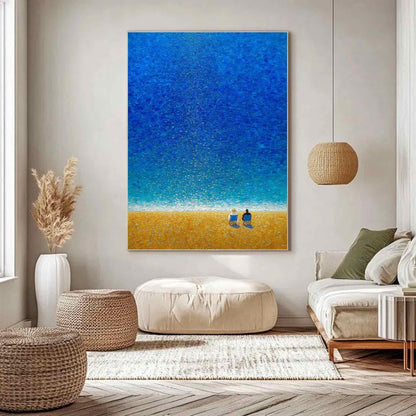 Two Figures Beach Wall Art Blue Ocean Canvas Painting for Coastal Living Room Decor