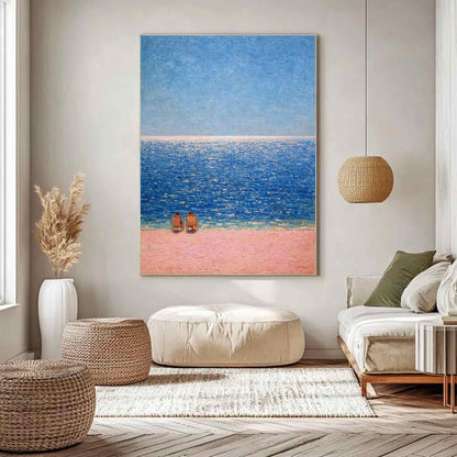 Blue Beach Seascape Wall Art Pink Sand Ocean Canvas Painting for Coastal Bathroom Decor