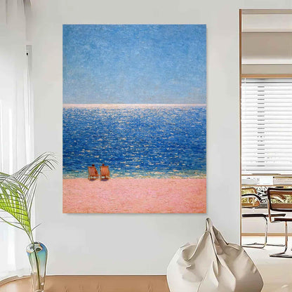 Blue Beach Seascape Wall Art Pink Sand Ocean Canvas Painting for Coastal Bathroom Decor