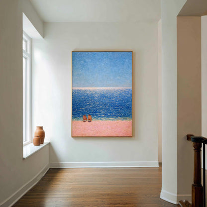 Blue Beach Seascape Wall Art Pink Sand Ocean Canvas Painting for Coastal Bathroom Decor