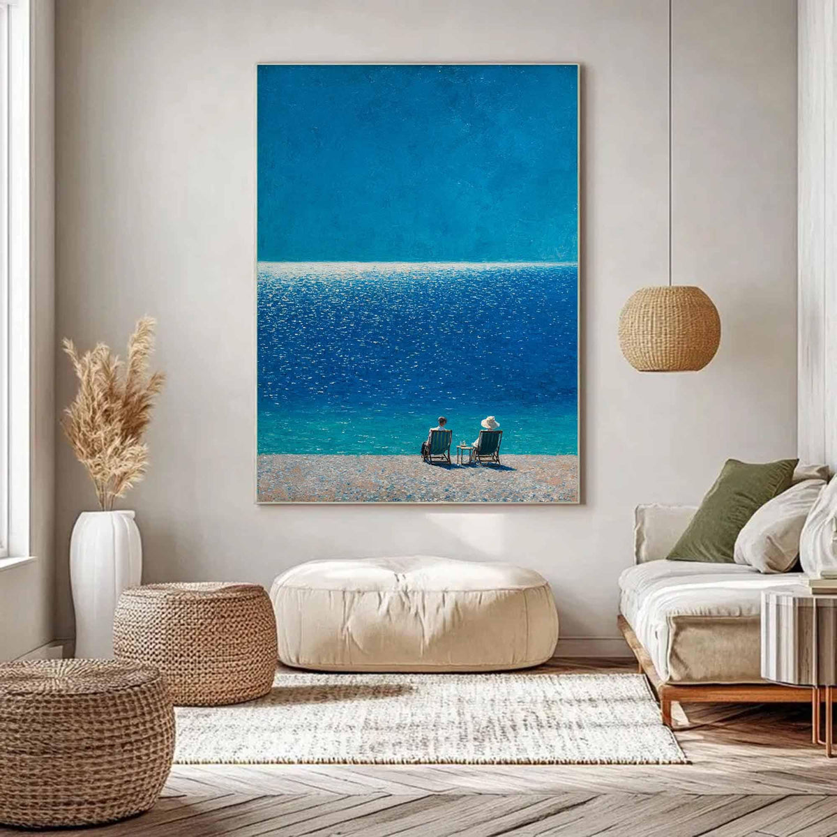Seated Figures Ocean View Wall Art Deep Blue Canvas Painting for Coastal Bedroom Decor