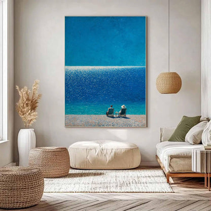 Seated Figures Ocean View Wall Art Deep Blue Canvas Painting for Coastal Bedroom Decor