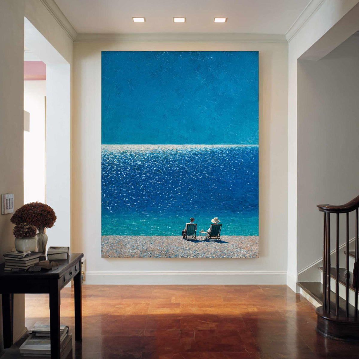Seated Figures Ocean View Wall Art Deep Blue Canvas Painting for Coastal Bedroom Decor
