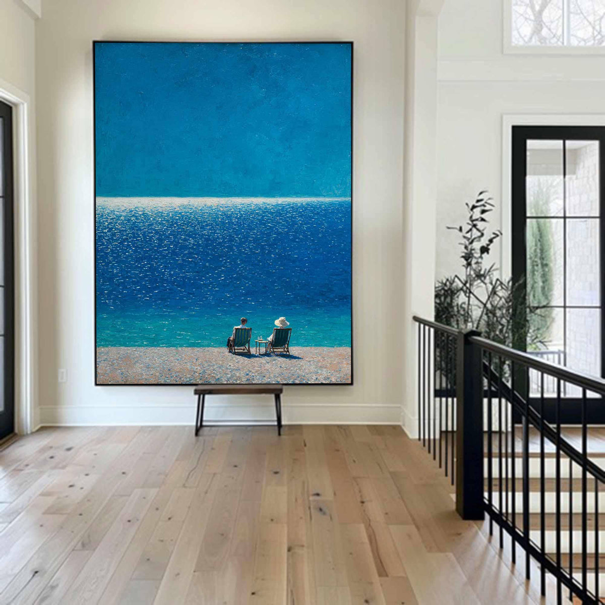 Seated Figures Ocean View Wall Art Deep Blue Canvas Painting for Coastal Bedroom Decor