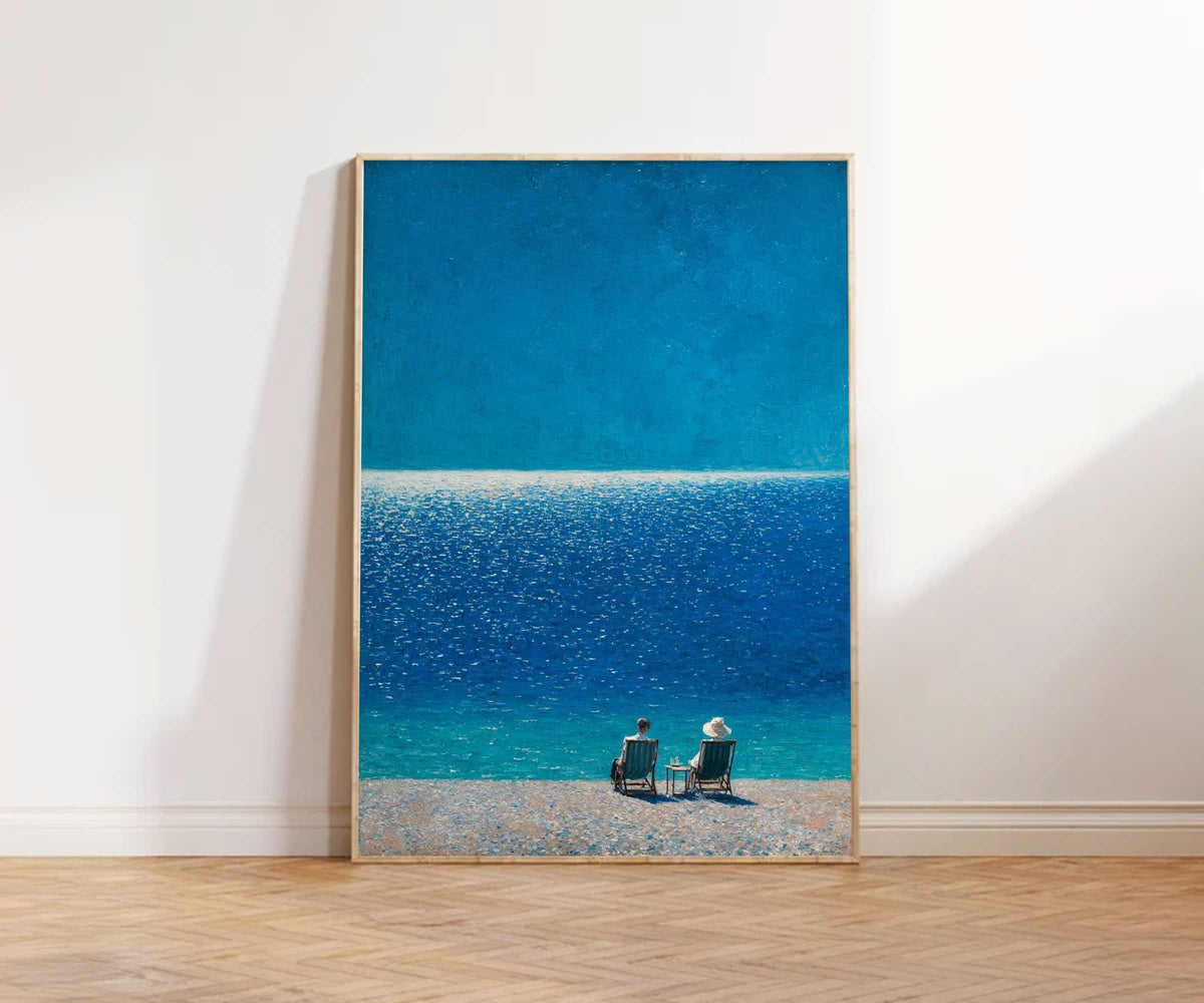 Seated Figures Ocean View Wall Art Deep Blue Canvas Painting for Coastal Bedroom Decor