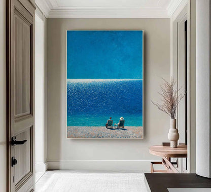 Seated Figures Ocean View Wall Art Deep Blue Canvas Painting for Coastal Bedroom Decor