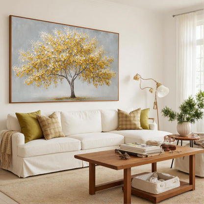Abstract Yellow Tree Painting On Canvas, Textured Nature Wall Art – Gold and Yellow Tree Wall Art | Abstract Textured Paintin