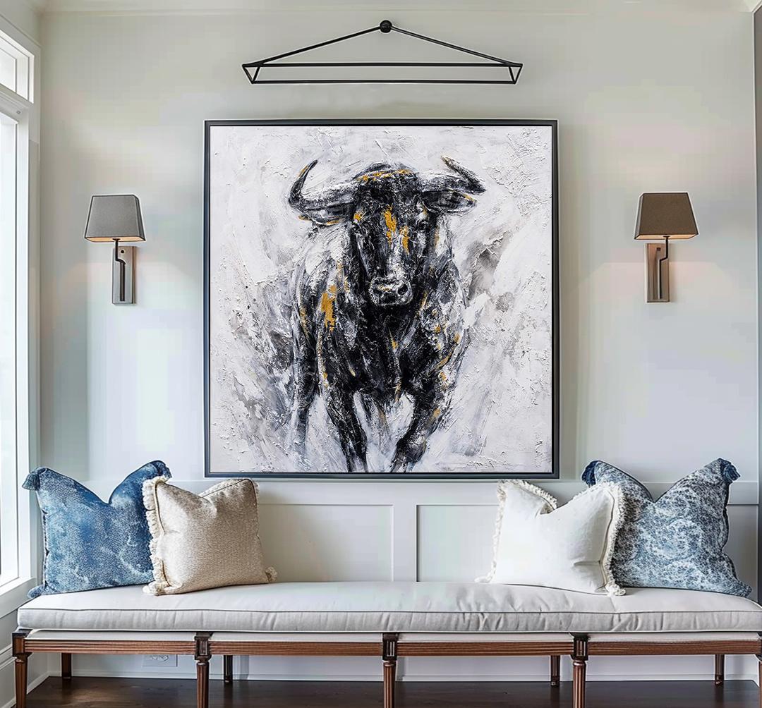 Abstract Bull Painting on Canvas – Highland Cow Wall Art – Abstract Animal Art