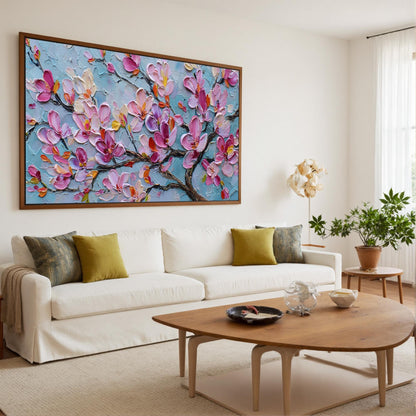 Textured Magnolia Oil Painting, Abstract Pink Floral Wall Art – Yellow and Pink Magnolia Floral Wall Art | Abstract Textured 