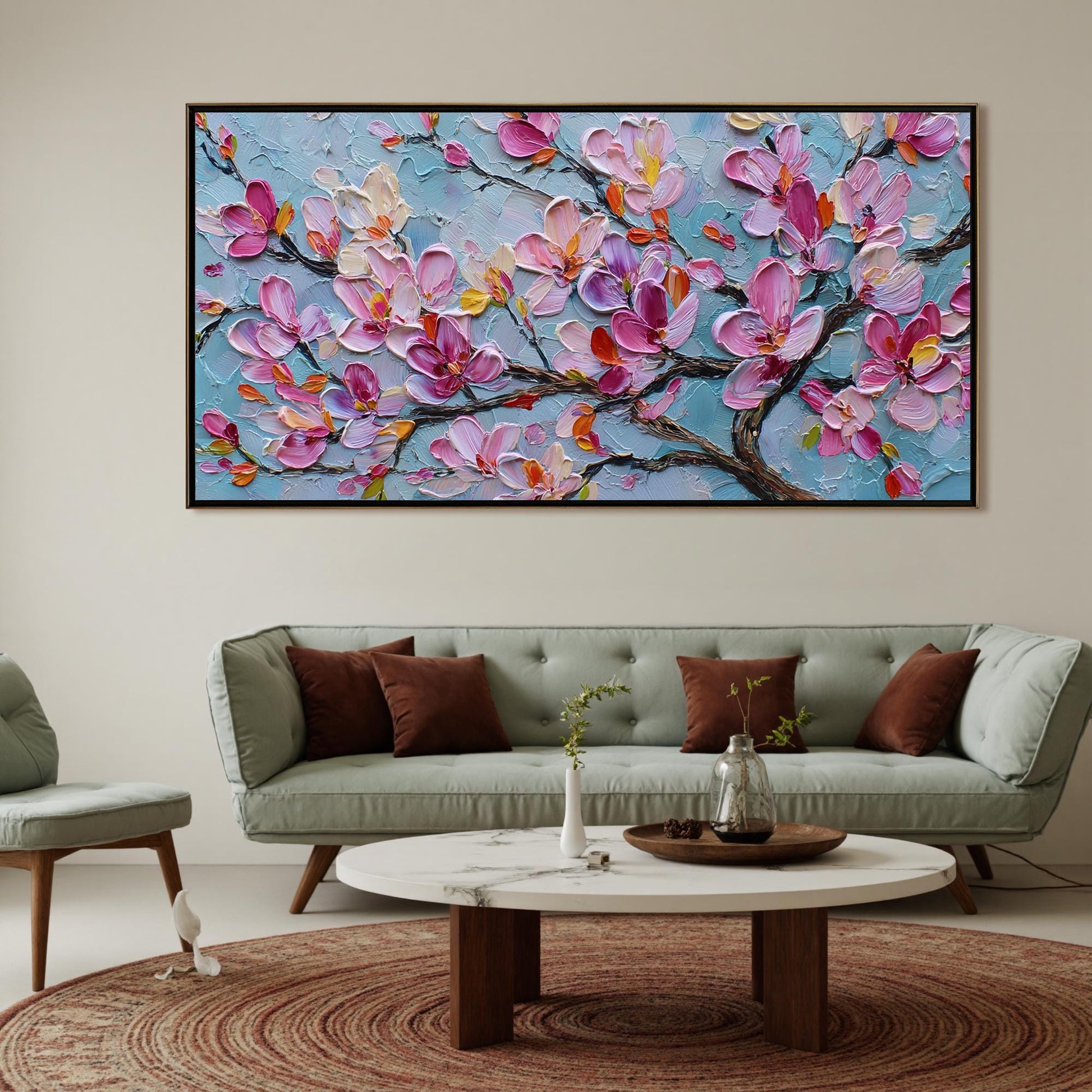 Textured Magnolia Oil Painting, Abstract Pink Floral Wall Art – Yellow and Pink Magnolia Floral Wall Art | Abstract Textured 