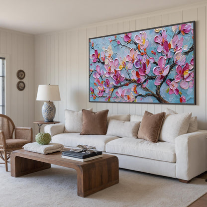 Textured Magnolia Oil Painting, Abstract Pink Floral Wall Art – Yellow and Pink Magnolia Floral Wall Art | Abstract Textured 