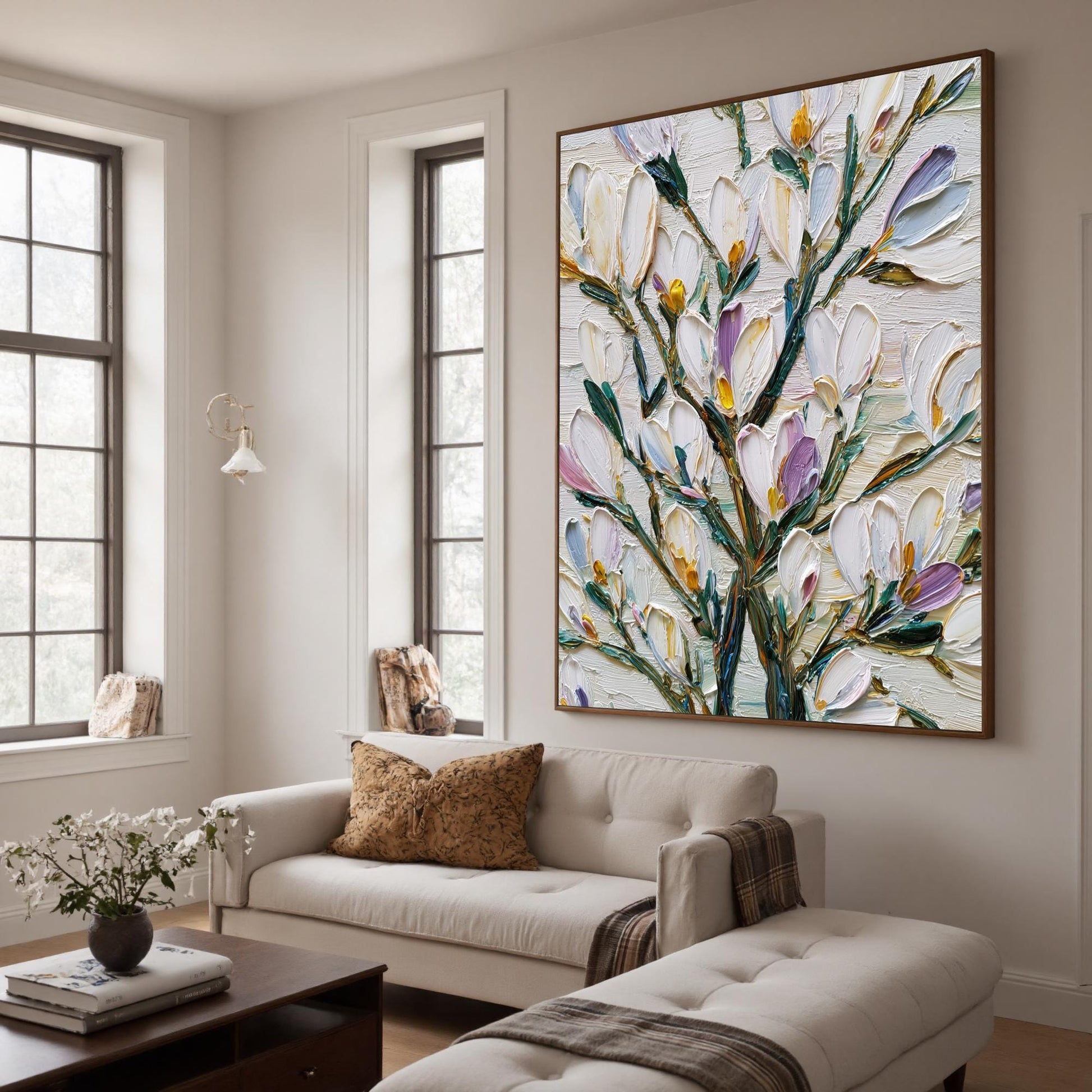 Textured Floral Oil Painting, White Magnolia, Botanical Art – Green and Pink Magnolia Floral Wall Art | Impasto Hand-Painted 