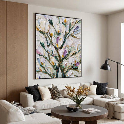 Textured Floral Oil Painting, White Magnolia, Botanical Art – Green and Pink Magnolia Floral Wall Art | Impasto Hand-Painted 