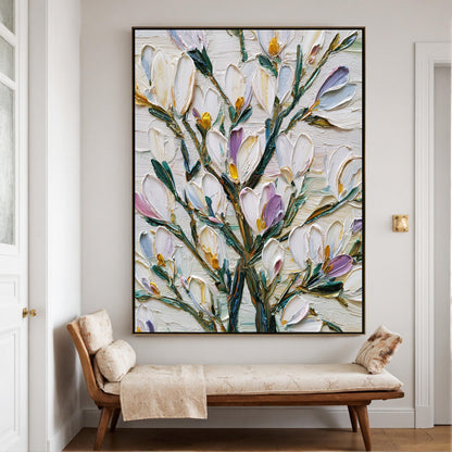 Textured Floral Oil Painting, White Magnolia, Botanical Art – Green and Pink Magnolia Floral Wall Art | Impasto Hand-Painted 