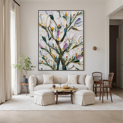 Textured Floral Oil Painting, White Magnolia, Botanical Art – Green and Pink Magnolia Floral Wall Art | Impasto Hand-Painted 