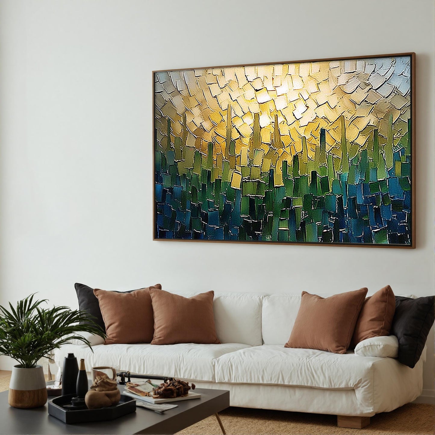 Textured Cityscape Oil Painting, Gold & Green Impasto Canvas Art – Green and Gold Urban Abstract City Architecture Wall Art |