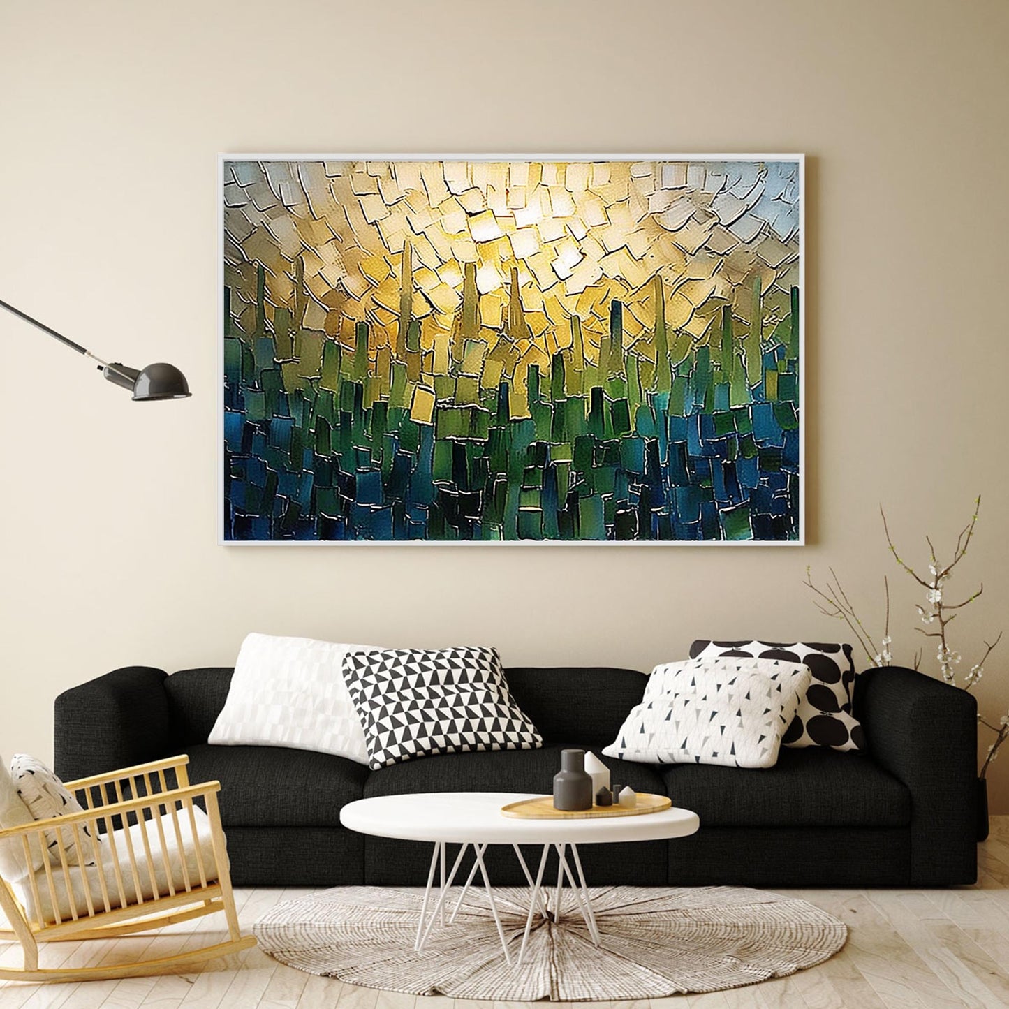 Gold & Green Impasto City Architecture Wall Art – Textured Cityscape Oil Painting