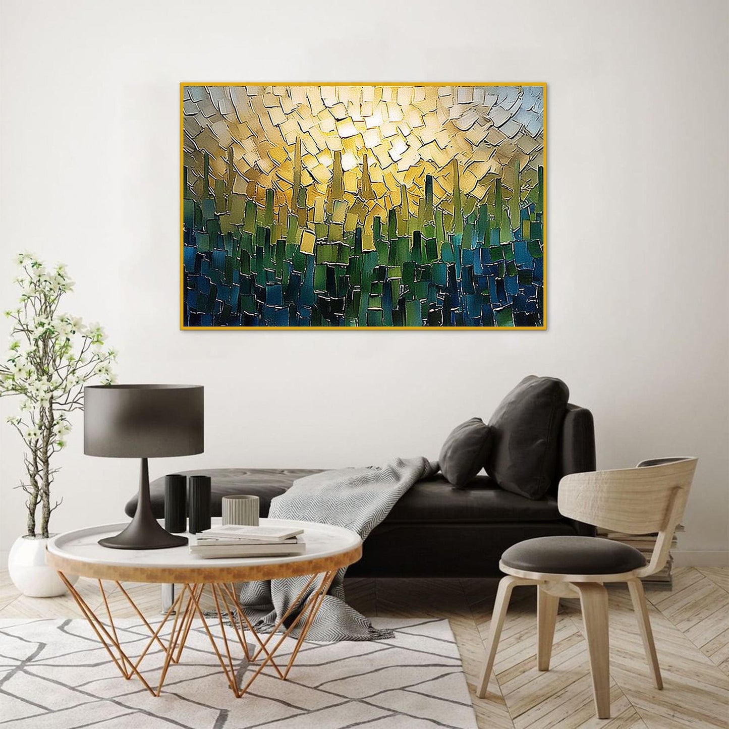 Gold & Green Impasto City Architecture Wall Art – Textured Cityscape Oil Painting