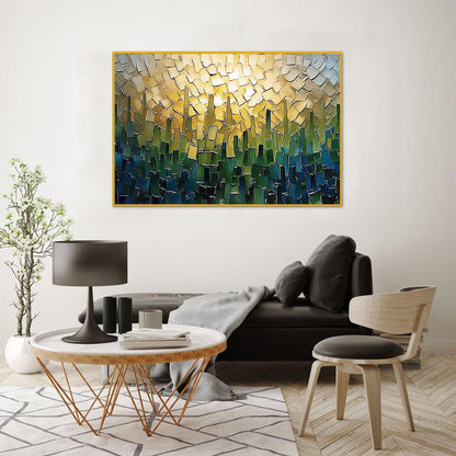 Gold & Green Impasto City Architecture Wall Art – Textured Cityscape Oil Painting